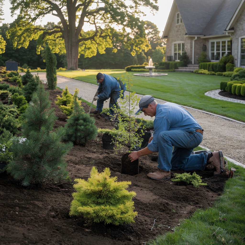 Professional garden installation in progress